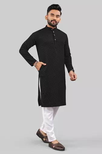 Black jecquard polyster kurta for men