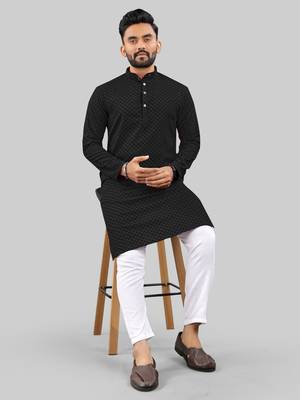 Black jecquard polyster kurta for men 4