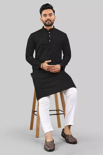 Black jecquard polyster kurta for men