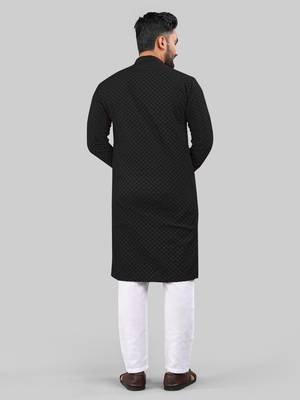 Black jecquard polyster kurta for men 5