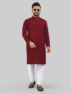 Maroon jecquard polyster kurta for men 1