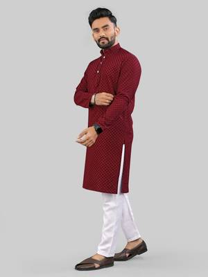 Maroon jecquard polyster kurta for men 2