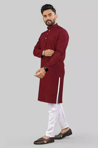 Maroon jecquard polyster kurta for men