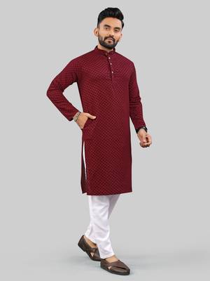 Maroon jecquard polyster kurta for men 3