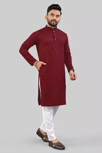 Maroon jecquard polyster kurta for men
