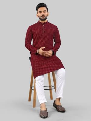 Maroon jecquard polyster kurta for men 4