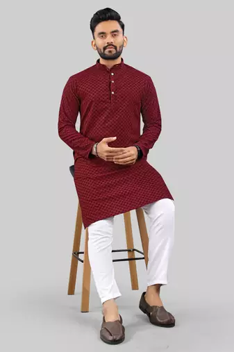 Maroon jecquard polyster kurta for men