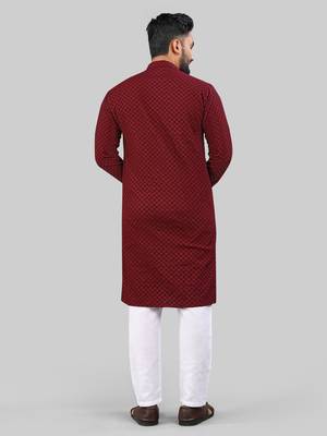 Maroon jecquard polyster kurta for men 5