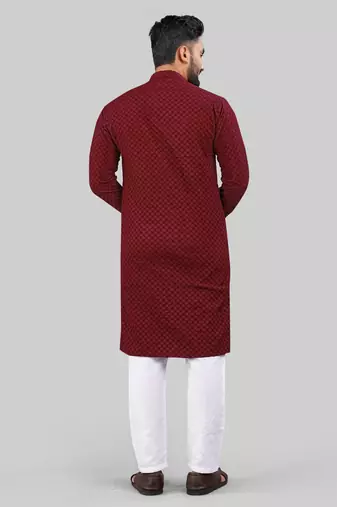 Maroon jecquard polyster kurta for men