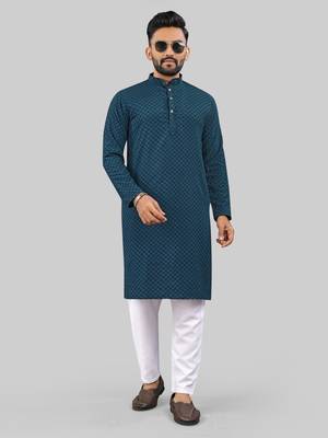 Teal Blue jecquard polyster kurta for men 1