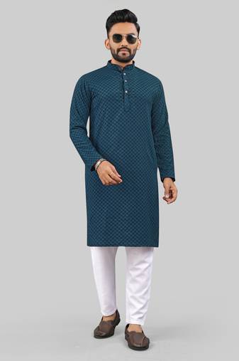 Teal Blue jecquard polyster kurta for men