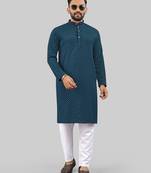 Teal Blue jecquard polyster kurta for men