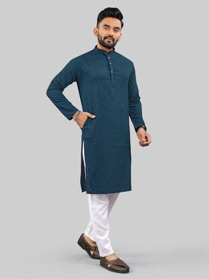 Teal Blue jecquard polyster kurta for men 2