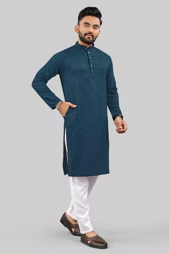 Teal Blue jecquard polyster kurta for men