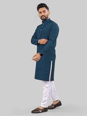 Teal Blue jecquard polyster kurta for men 3