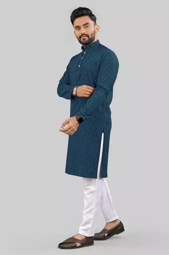 Teal Blue jecquard polyster kurta for men