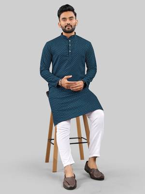 Teal Blue jecquard polyster kurta for men 4