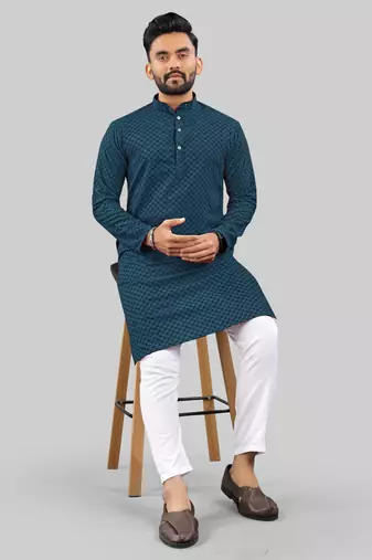 Teal Blue jecquard polyster kurta for men