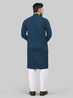 Teal Blue jecquard polyster kurta for men 5