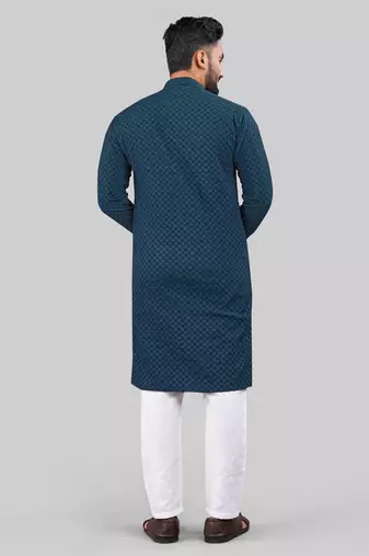 Teal Blue jecquard polyster kurta for men