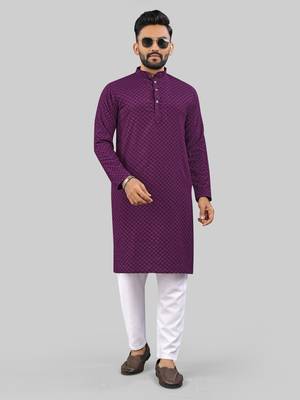 Purple jecquard polyster kurta for men 1