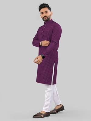 Purple jecquard polyster kurta for men 2