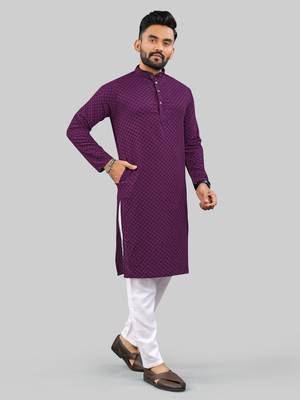 Purple jecquard polyster kurta for men 3