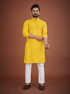 Yellow chikankari rayon straight kurta for men 1