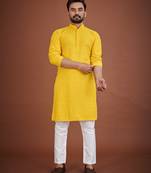 Yellow chikankari rayon straight kurta for men