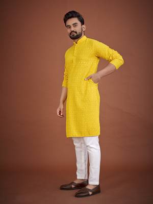 Yellow chikankari rayon straight kurta for men 2