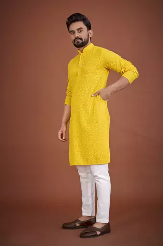 Yellow chikankari rayon straight kurta for men