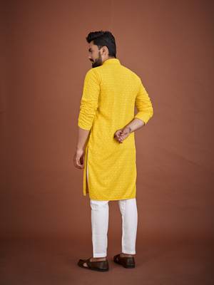 Yellow chikankari rayon straight kurta for men 3
