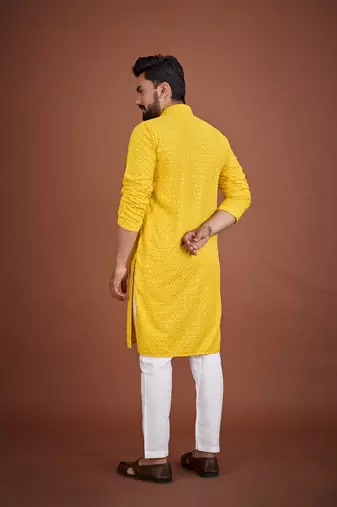 Yellow chikankari rayon straight kurta for men