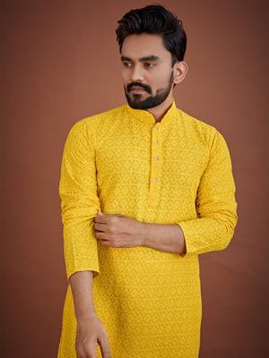 Yellow chikankari rayon straight kurta for men 4
