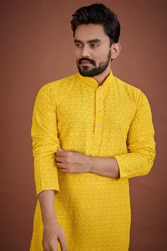 Yellow chikankari rayon straight kurta for men