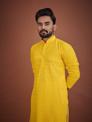 Yellow chikankari rayon straight kurta for men 5