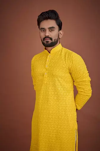 Yellow chikankari rayon straight kurta for men
