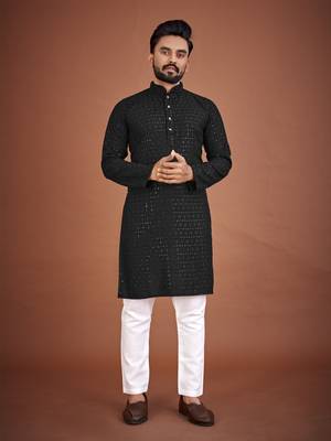 Black chikankari rayon straight kurta for men 1