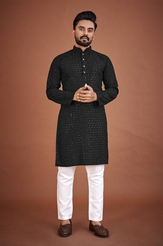 Black chikankari rayon straight kurta for men
