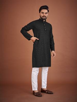 Black chikankari rayon straight kurta for men 2