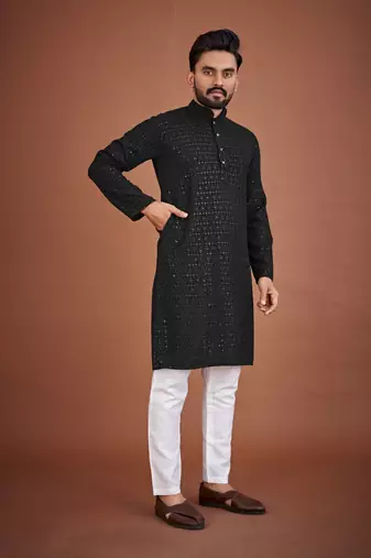 Black chikankari rayon straight kurta for men