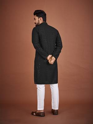 Black chikankari rayon straight kurta for men 3