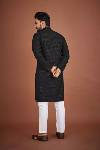 Black chikankari rayon straight kurta for men