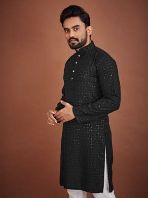 Black chikankari rayon straight kurta for men 4