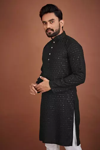 Black chikankari rayon straight kurta for men