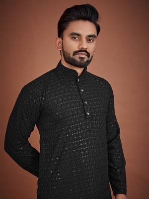 Black chikankari rayon straight kurta for men 5