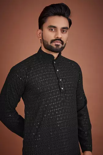 Black chikankari rayon straight kurta for men