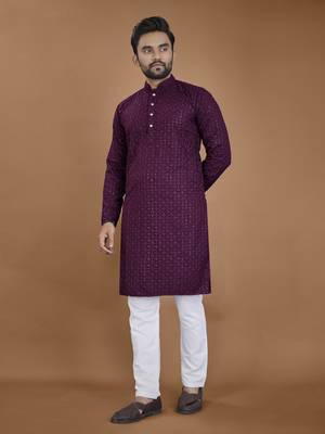 Purple chikankari rayon straight kurta for men 1