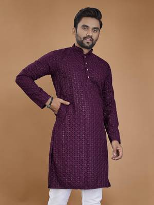 Purple chikankari rayon straight kurta for men 2