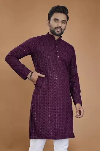 Purple chikankari rayon straight kurta for men